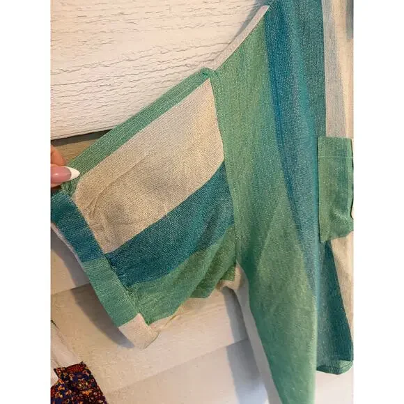 Vintage Havana Striped Button Down Top Green Cream Metallic Lurex Shirt (M) NWT - Picture 10 of 11